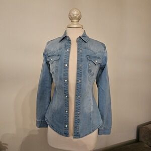 True Religion Blue Denim Western Pearl Snap Shirt Womens XS Pocketed - NWT